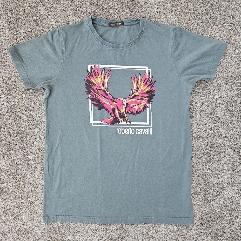 Roberto Cavalli Phoenix Graphic Crew Neck T-Shirt Muted Green Men's Size XXL